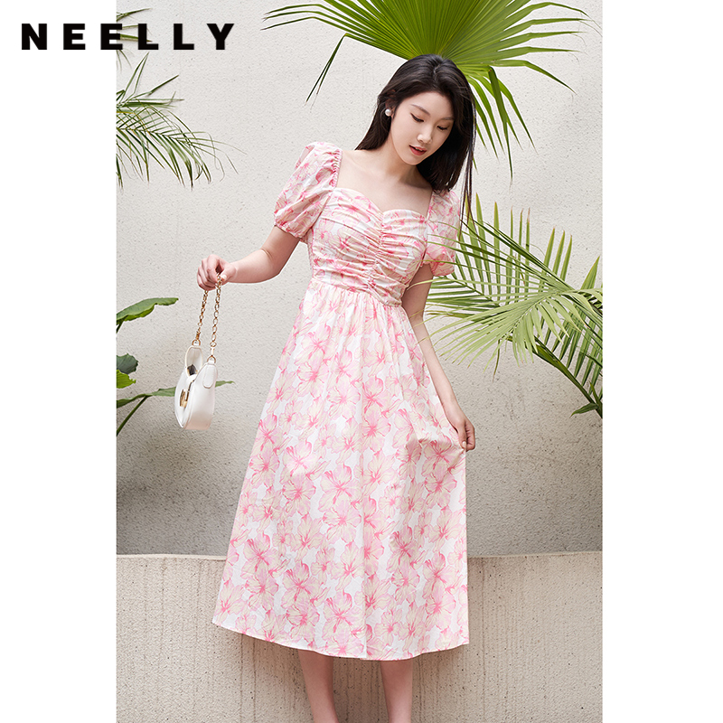 NEELLY纳俪夏季法式碎花连衣裙女收腰泡泡袖打缆显瘦A字裙茶歇裙N23044Y05518