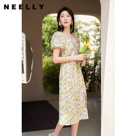 NEELLY纳俪商场同款碎花连衣裙女夏季法式茶歇泡泡袖开叉A字裙潮N23044Y06664