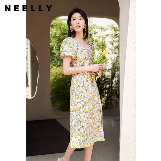 NEELLY纳俪商场同款碎花连衣裙女夏季法式茶歇泡泡袖开叉A字裙潮N23044Y06664 商品图0