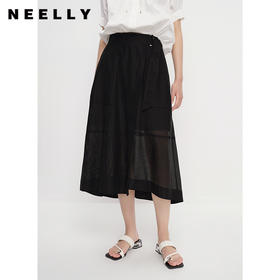 NEELLY纳俪商场同款夏季新款黑色半身裙女不规则裙摆中长款A字裙N23043E01099