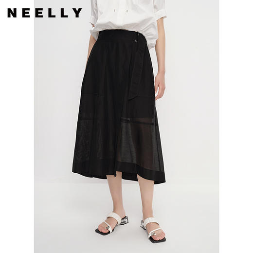 NEELLY纳俪商场同款夏季新款黑色半身裙女不规则裙摆中长款A字裙N23043E01099 商品图0