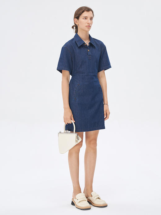 Self Who深海蓝纯棉牛仔连衣裙2023新款夏高级感落肩袖小个子裙子 商品图1