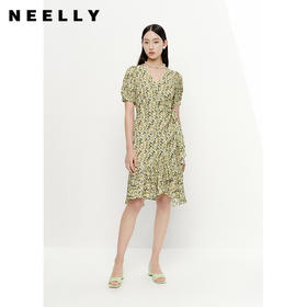NEELLY纳俪商场同款V领泡泡袖碎花连衣裙女系带收腰不规则A字裙N23051Y01125