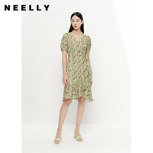 NEELLY纳俪商场同款V领泡泡袖碎花连衣裙女系带收腰不规则A字裙N23051Y01125 商品图0