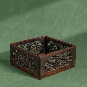 清 红木透雕卷草纹方形呈盘