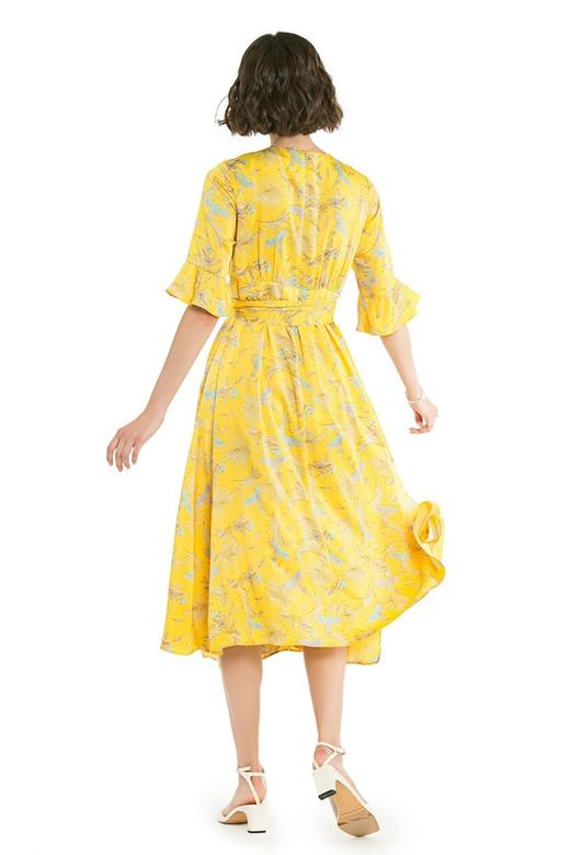 SUMMER & SAGE 黄色V领束腰印花连衣裙 3132 商品图2