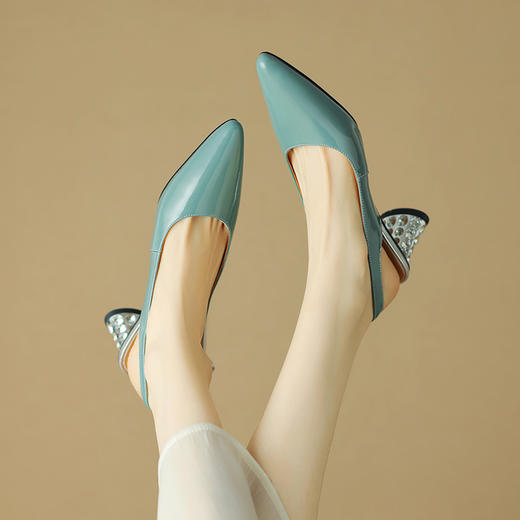 夏季新款，撞色真皮粗跟水钻包头凉鞋LD-6337 商品图6