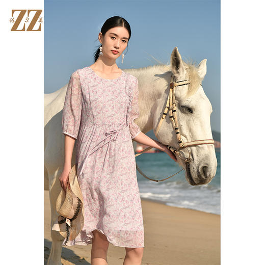 夏季新款 时尚真丝乔其中袖碎花连衣裙女E32LS46 商品图2