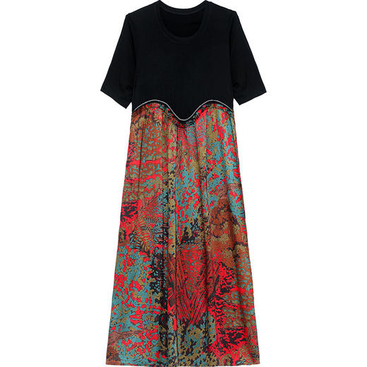 宽松休闲，夏款长款印花拼接连衣裙圆领短袖时尚气质A字裙QYM-CR-SMNEF38-L 商品图4