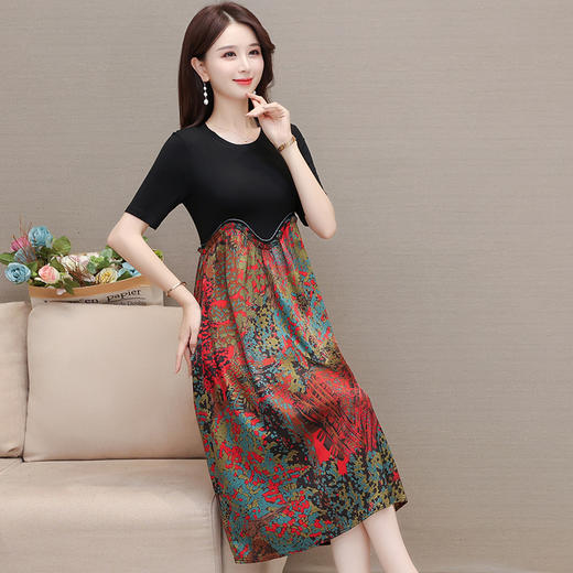 宽松休闲，夏款长款印花拼接连衣裙圆领短袖时尚气质A字裙QYM-CR-SMNEF38-L 商品图1