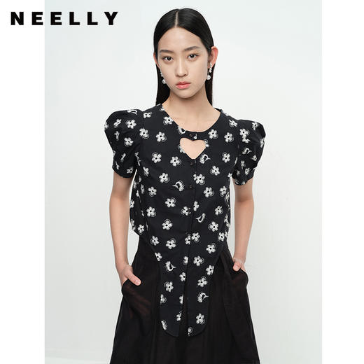 NEELLY纳俪商场同款泡泡袖印花衬衫女爱心镂空设计前系带短款上衣N23043R01083 商品图2