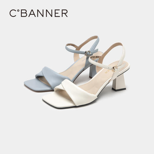 千百度女鞋夏季时装凉鞋一字带凉鞋羊皮高跟鞋粗跟通勤 A23354177 商品图4