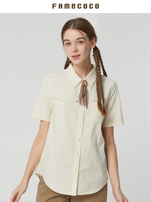 famecoco范可儿短袖印花白衬衫女夏季女装新款纯棉休闲衬衣FAB3BH041 商品图1