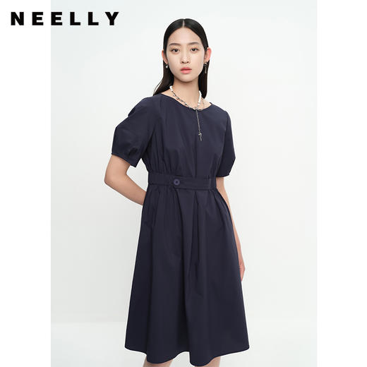 NEELLY纳俪商场同款圆领连衣裙女中长款松紧收腰简约A字大摆裙夏N23043Y01095 商品图1