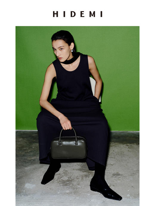 HIDEMI 自然棉系列高密竖条针织U型领针织阔型口袋长裙 蓝灰色/白 商品图7