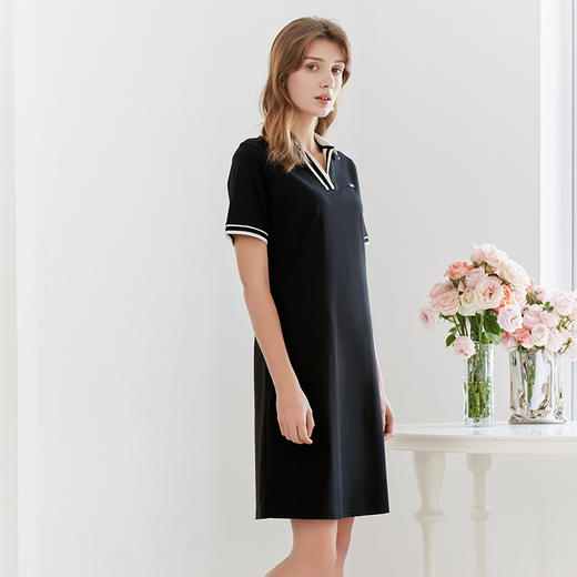 【纯棉V领撞色连衣裙】23年春夏新品女士中长款连衣裙修身显瘦黑色裙子 商品图1