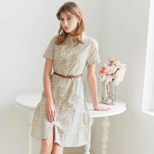 【棉质腰带印花连衣裙】23年春夏新品女士中长款衬衫款印花连衣裙 商品图2