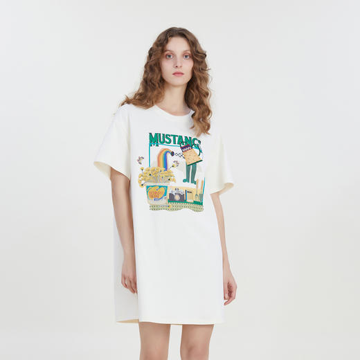 谜底宽松印花中长款连衣裙短袖2023夏新款圆领简约T恤裙232ML0587 商品图1