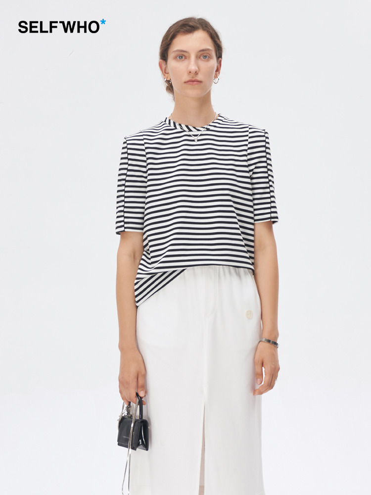 Self Who黑白条纹短袖T恤女2023新款夏季减龄圆领设计感小众上衣