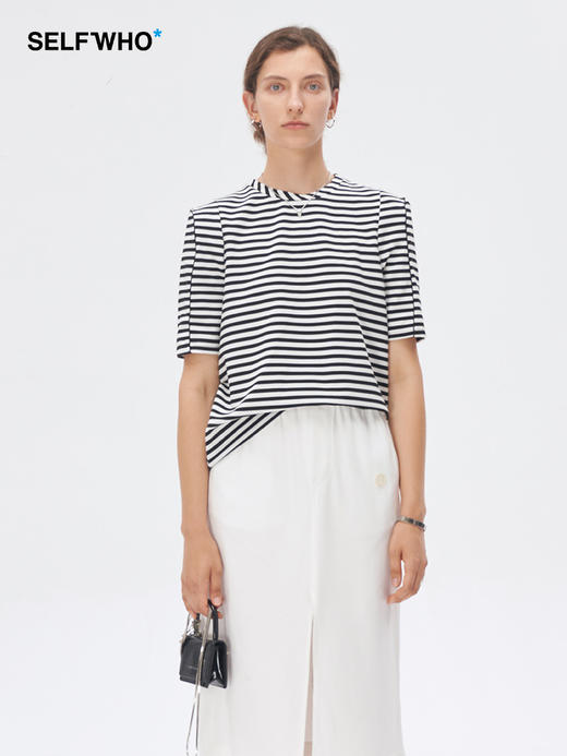 Self Who黑白条纹短袖T恤女2023新款夏季减龄圆领设计感小众上衣 商品图0