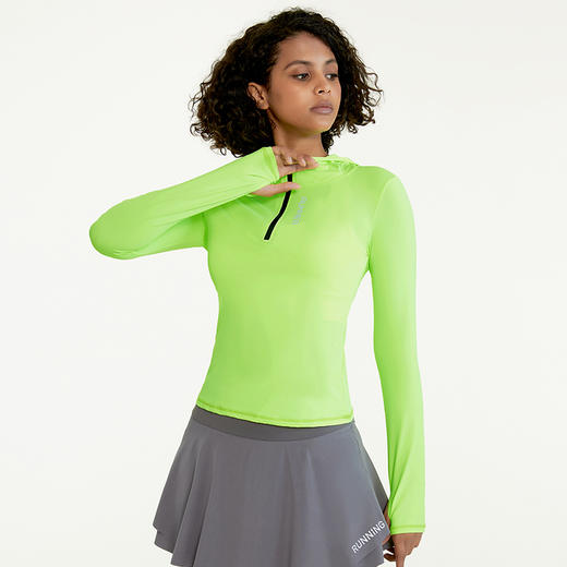 【折扣】半拉链连帽女弹力透气长袖修身显瘦专业跑步速干衣 商品图1