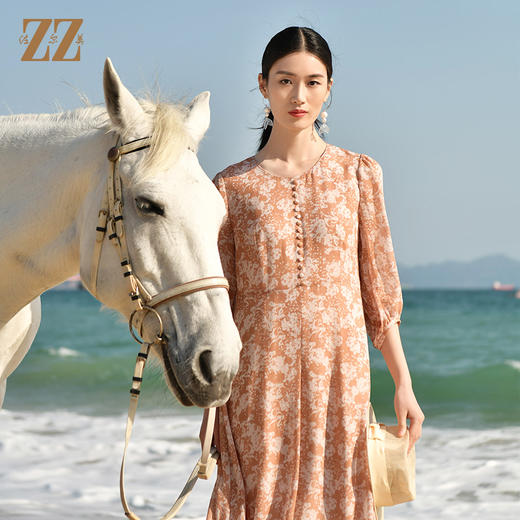 佐尔美夏季新款 真丝乔其印花中袖茶歇裙连衣裙女E32LS01 商品图1