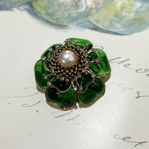 订购6个月到｜Gripoix Paris-Pistil Flower-绿色 山茶花 琉璃 胸针［法国设计师］ 商品图0