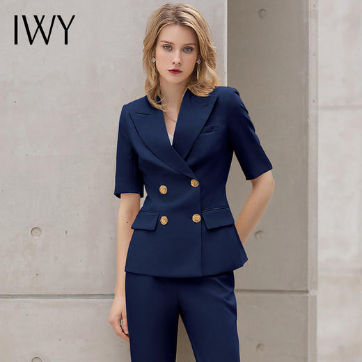 IWY/夏季优雅藏青色职业西服套裤女夏季新款双排扣修身ol西装套装CP13208 商品图4