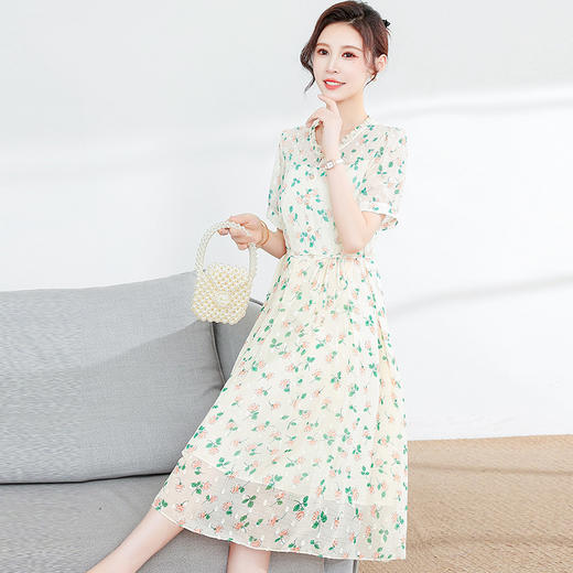 修身时尚,简约印花中长款雪纺裙夏款圆领短袖气质连衣裙QYM-DFN-A2812-L 商品图1