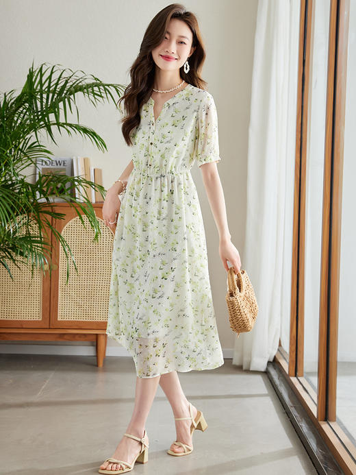 【专属特价】熙世界小清新碎花连衣裙女短袖2025夏季新款气质显瘦收腰雪纺裙子 商品图0