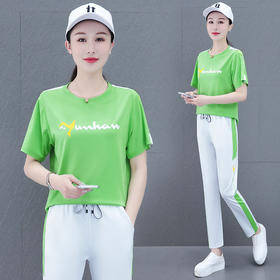 天丝休闲运动套装女，夏季时尚休闲洋气短袖直筒裤两件套运动服QB-HGR3359