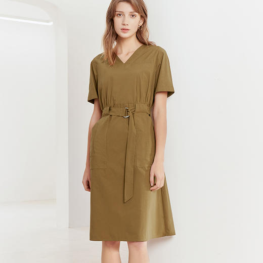 【纯棉V领连衣裙】23年春夏新品女士中长款系带收腰连衣裙大口袋裙子 商品图0