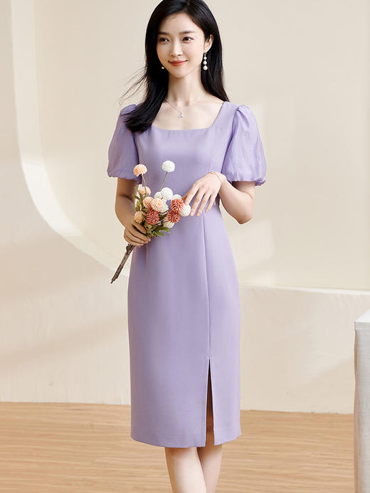 剩S 米思阳2024夏季新款温柔风修身紫色长裙方领法式连衣裙薄款女1234 商品图1