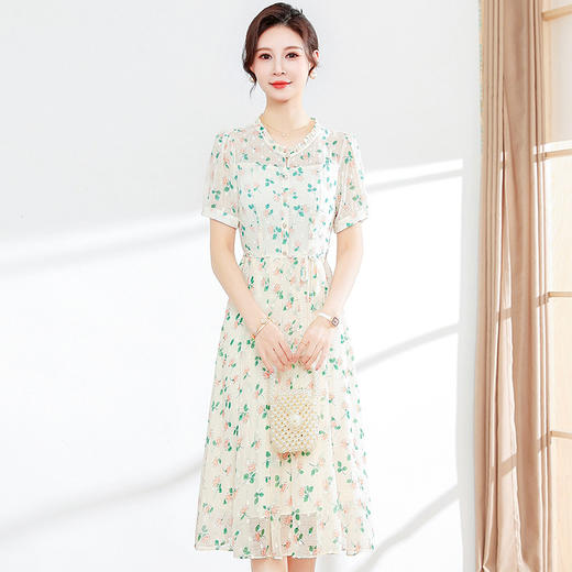 修身时尚,简约印花中长款雪纺裙夏款圆领短袖气质连衣裙QYM-DFN-A2812-L 商品图0