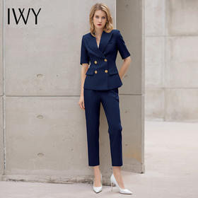 IWY/夏季优雅藏青色职业西服套裤女夏季新款双排扣修身ol西装套装CP13208