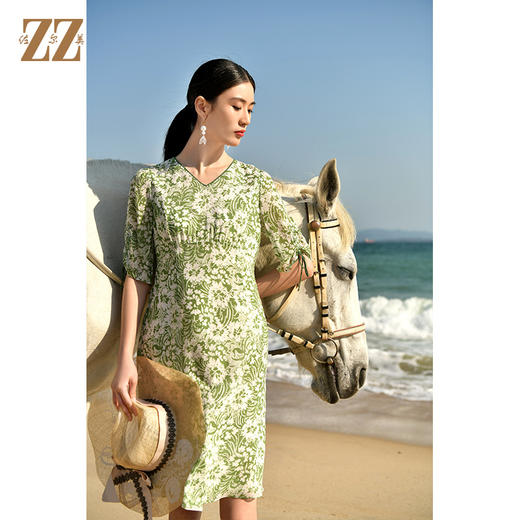 夏季新款 真丝乔其印花V领茶歇裙连衣裙女E32LS44 商品图1