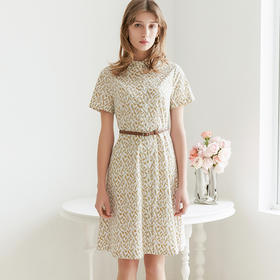 【棉质腰带印花连衣裙】23年春夏新品女士中长款衬衫款印花连衣裙