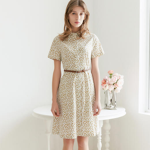 【棉质腰带印花连衣裙】23年春夏新品女士中长款衬衫款印花连衣裙 商品图0