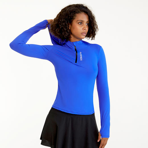 【折扣】半拉链连帽女弹力透气长袖修身显瘦专业跑步速干衣 商品图0