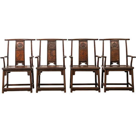 清 红木镶瘿木三攒靠背螭龙纹四出头官帽椅成堂（一堂四只） 商品图5