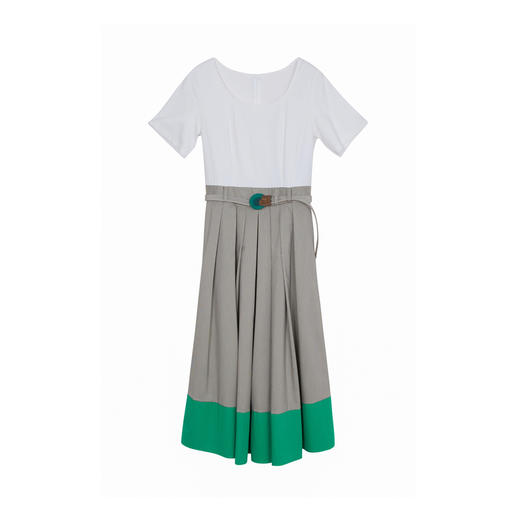 谜底拼接感连衣裙短袖2023夏新款时尚圆领百褶裙配腰带232ML0536 商品图4