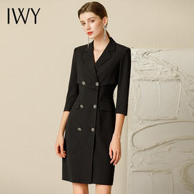 IWY/夏季新款高端黑色五分袖连衣裙女设计感西装裙气质双排扣231020Q1