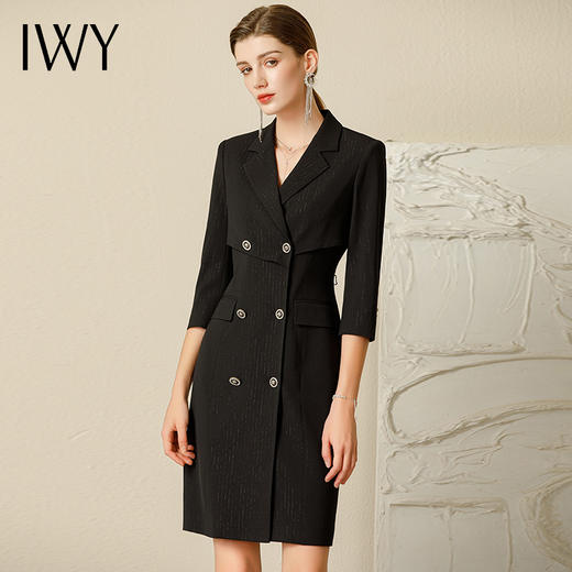 IWY/夏季新款高端黑色五分袖连衣裙女设计感西装裙气质双排扣231020Q1 商品图0