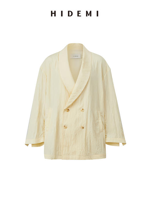 HIDEMI 清透艺术感微褶皱双排扣超薄西装外套 黄油色/黑色 商品图8