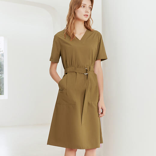 【纯棉V领连衣裙】23年春夏新品女士中长款系带收腰连衣裙大口袋裙子 商品图1