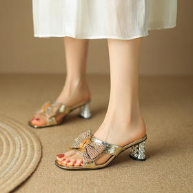 春夏新款，外穿法式蝴蝶结露趾粗跟5cm仙女风一字凉拖鞋LD-6335