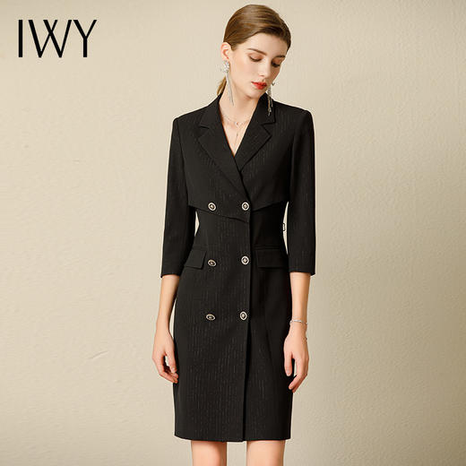 IWY/夏季新款高端黑色五分袖连衣裙女设计感西装裙气质双排扣231020Q1 商品图2