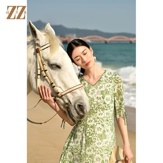 夏季新款 真丝乔其印花V领茶歇裙连衣裙女E32LS44 商品图3