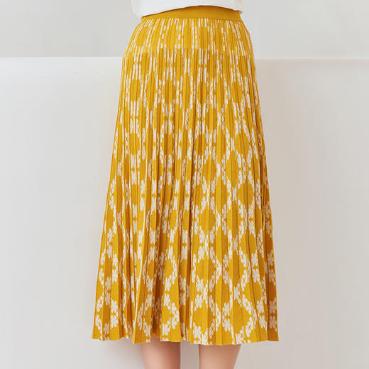 【棉质针织半裙】23年春夏新品女士中长款半裙时尚菱形印花百褶裙子 商品图1