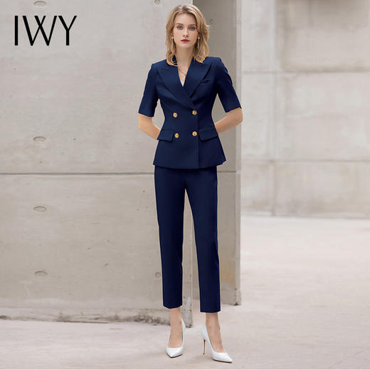 IWY/夏季优雅藏青色职业西服套裤女夏季新款双排扣修身ol西装套装CP13208 商品图1